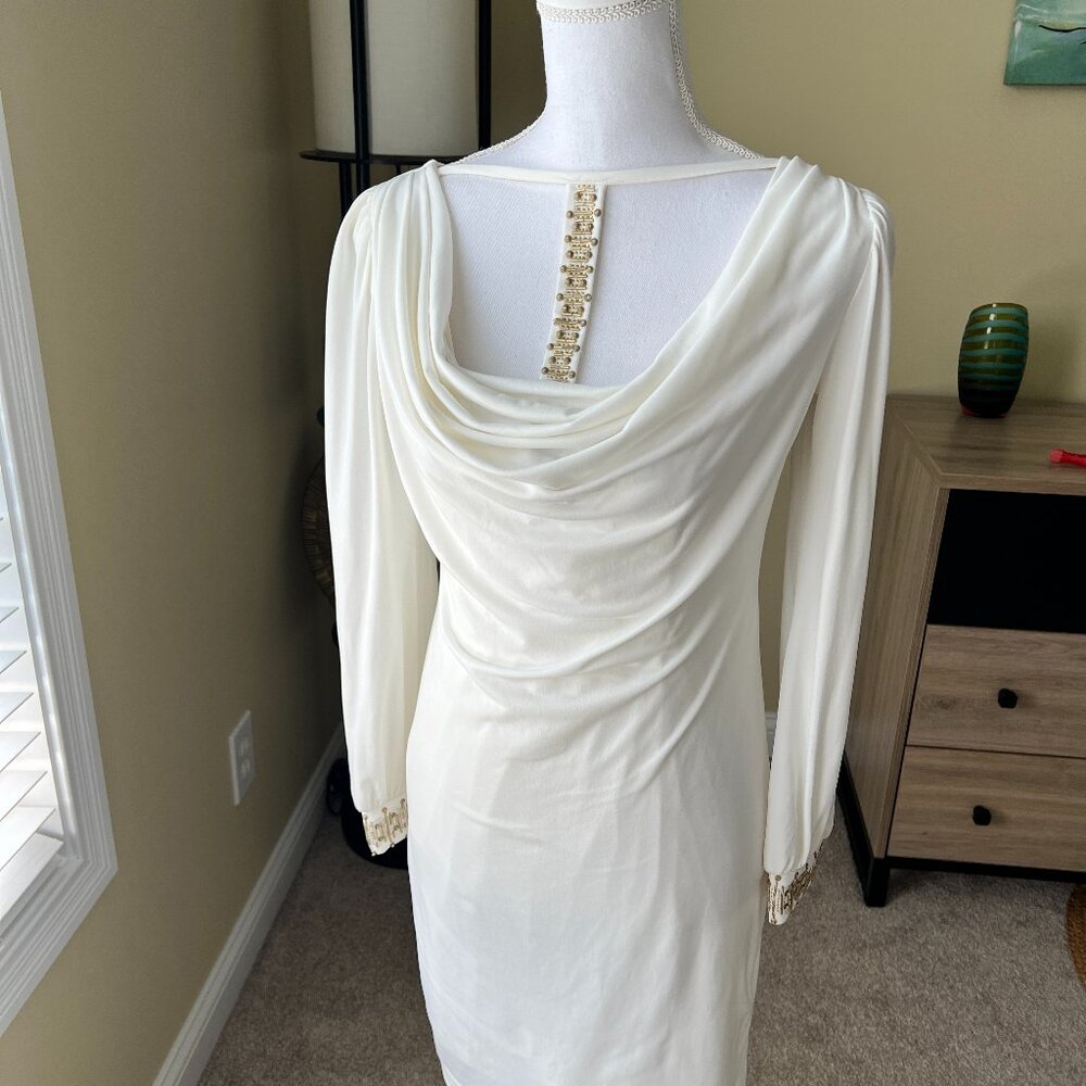 Maggy London Greek Style Beaded Scalloped Neck White Cream Dress